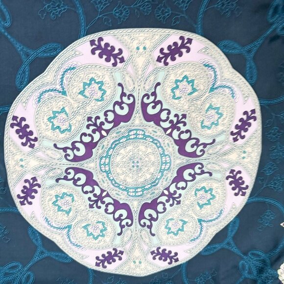 Vintage Chinese Pottery Print Blue Purple Hand Rolled Silk Scarf - Picture 3 of 5